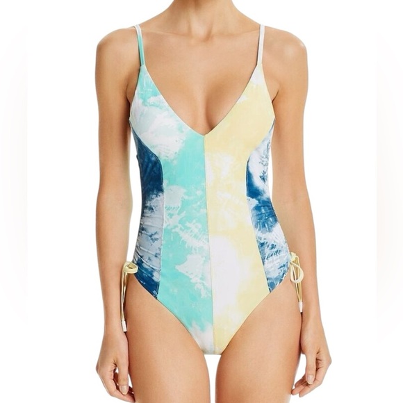 Red Carter ruched maillot tye dye whole piece bathing suit size Large NWT - Picture 1 of 10